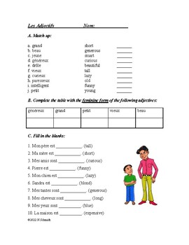 Preview of French Adjectives Worksheet: Les Adjectifs