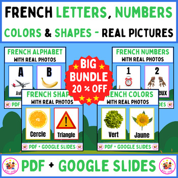 Preview of French Alphabet Letters, Numbers, Colors & Shapes Bundle - PDF + Google Slides