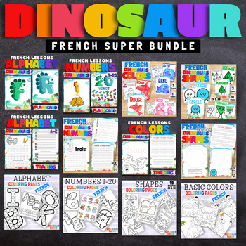Preview of French Alphabet, Numbers, Colors & Shapes Dinosaur Theme Beginners Super Bundle