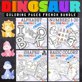 Preview of French Alphabet, Numbers, Colors and Shapes Coloring Pages Dinosaurs Bundle
