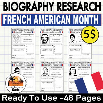 Preview of French American Heritage Month| Biography Research Template| 48 figures - July