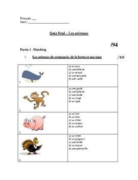 french animal unit testworksheets les animaux by french