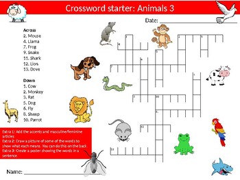 french animals 3 starter activities keyword wordsearch