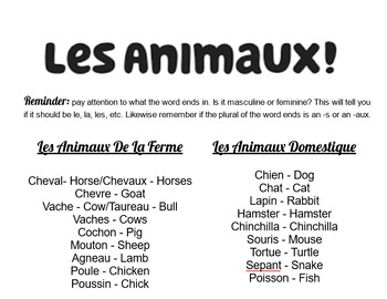 Preview of French Animals Vocab List