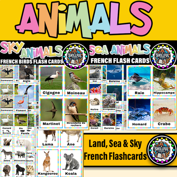 Preview of French Animals of the Land, Sea & Sky With Real Photo Flashcards| Animals Poster