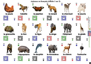 French Animals poster (54 animals with spelling and audio!) by Linguacious