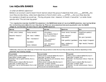 Preview of French BANGS Adjectives Notes and Introduction