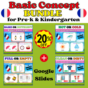 Preview of French Basic Concepts Speech Therapy. 54 Task Cards Bundle for PRE-K & K