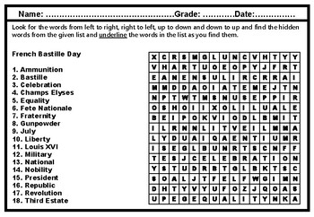 French Bastille Day Word Search Worksheet Distance Learning by Nitin