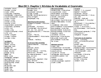 Preview of French Bien Dit 2 Chapter 1 vocab and grammar review handout