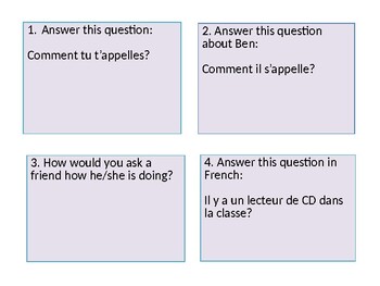 Preview of French Bien dit 1 chapter 1 task cards with review questions