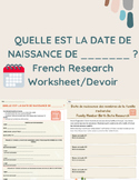 French Birthdate, Dates and Years Research Worksheet/Homework