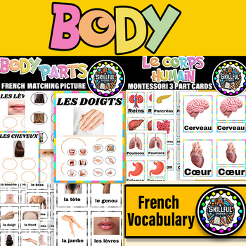 Preview of French Body Montessori 3 Part Cards, Flash Cards & Body Parts Matching Picture