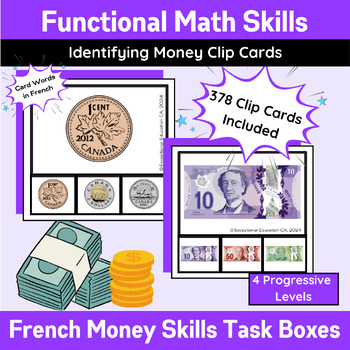 Preview of French CA Money Identification Clip Card Bundle | Task Box | Spec Ed | K-2 Math