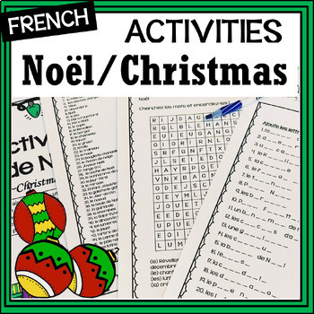 Preview of French Christmas/Noël Activities, mots cachés, mots croisés & a writing prompt