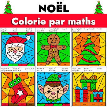 Preview of French Christmas Color by Code Math Activities - Addition et soustraction - Noël