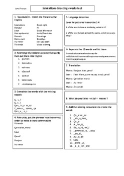 Preview of Independent home or school worksheet - French greetings