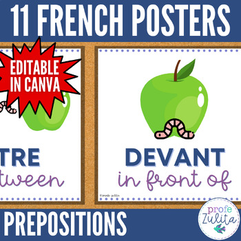 Preview of French Classroom Decor - 11 Prepositions Posters / Word Wall