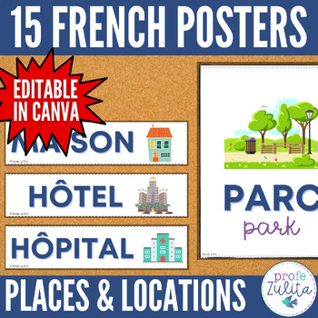 Preview of French Classroom Decor - 15 Places & Locations Words Posters / Word Wall