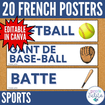 Preview of French Classroom Decor - 20 Sports Vocabulary Posters Les sports Word Wall