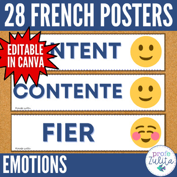 Preview of French Classroom Decor - 28 Emotions Posters les émotions Word Wall