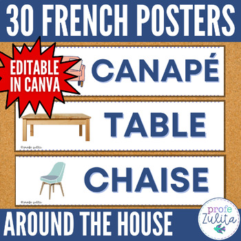 Preview of French Classroom Decor - 30 House Vocabulary Words Posters / Word Wall