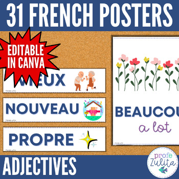 Preview of French Classroom Decor - 31 Adjectives Posters les adjectifs Word Wall
