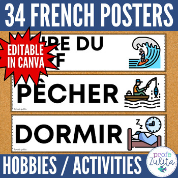 Preview of French Classroom Decor - 34 Hobby Vocabulary Posters les passe-temps Word Wall