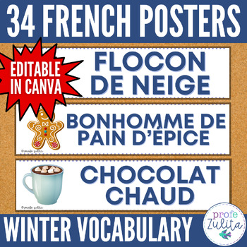 Preview of French Classroom Decor - 34 Winter Vocabulary Words Posters / Word Wall