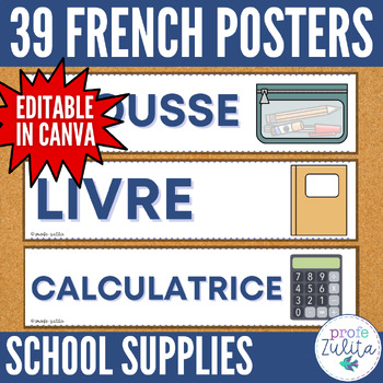 Preview of French Classroom Decor - 39 School Supplies Vocabulary Posters / Word Wall