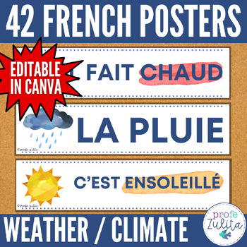 Preview of French Classroom Decor - 42 Weather Vocabulary Posters La météo Word Wall
