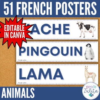 Preview of French Classroom Decor - 51 Animals Vocabulary Posters Les Animaux Word Wall
