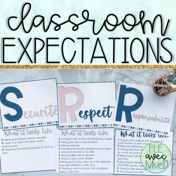 Preview of French Classroom Decor - Blush & Navy Theme Expectations Posters (EDITABLE)