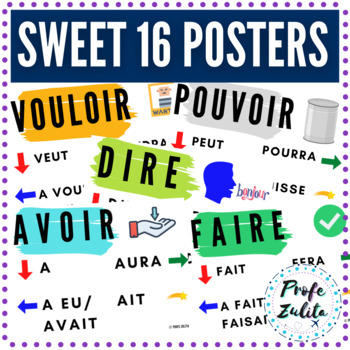 Preview of French Classroom Decor Sweet 16 Verb Posters | Printable PDFs