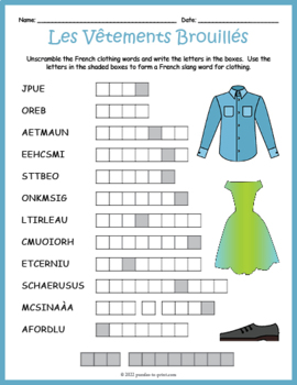 French Clothing Word Scramble: Les Vêtements by Puzzles to Print