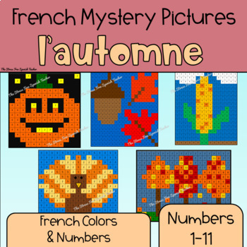 Preview of French Color By Number Mystery Pictures Autumn l'automne no prep worksheets