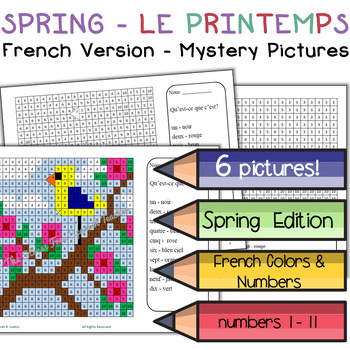 Preview of French Color By Number Mystery Pictures for SPRING printemps NO PREP worksheets