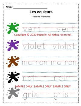 French Colors Writing Worksheets | Pre-K, Kindergarten | No Prep! By Paperly