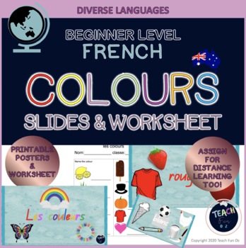 Preview of BUNDLE French Colours Colors Couleurs Slide Posters and Worksheet Google Slides