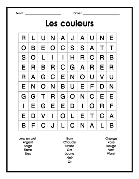 Preview of French Colours Word Search Puzzle - Mots cachés français sur les couleurs