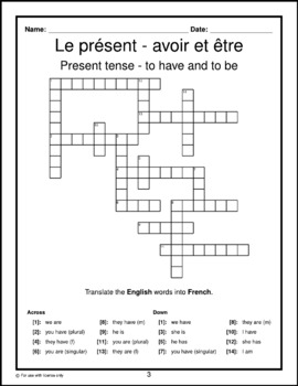French Crossword Le présent avoir et être by The Study Beanbag