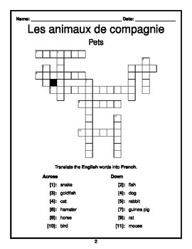 French Crossword - Pets (Les animaux de compagnie) by The Study Beanbag
