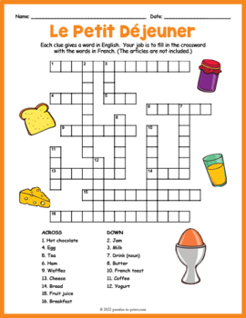 French Food Crossword: Le Petit Déjeuner by Puzzles to Print | TpT