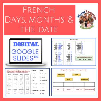 Preview of French Days, Months & the Date Digital, Google Slides™ Vocabulary Activities