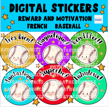 Preview of French Digital Motivational Reward Stickers Baseball