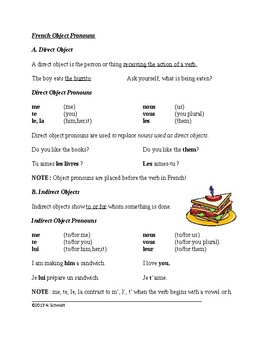 Preview of French Direct and Indirect Object Pronouns Handout + Worksheet (Pronoms)