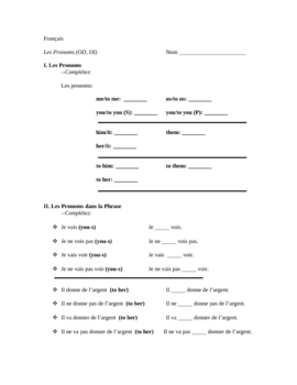 Preview of French Direct and Indirect Objet Pronoun Worksheet (with answer key)