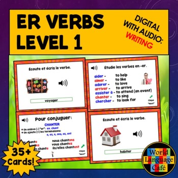Preview of FRENCH ER VERBS BOOM CARDS ⭐ Level 1 ⭐ Regular Verbs Task Cards Writing