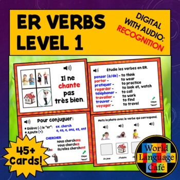 Preview of FRENCH ER VERBS BOOM CARDS ⭐ Level 1 ⭐ Regular Verbs Task Cards Recognition