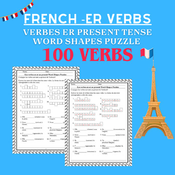 Preview of French ER IR RE Verbs Verbes Present Tense Word Shapes Puzzle No Prep Worksheet